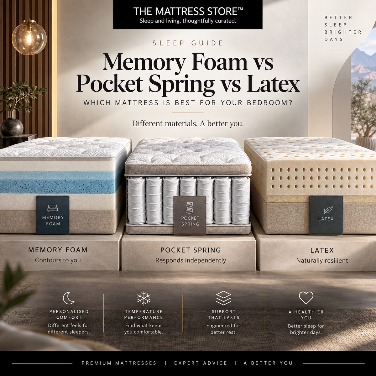 Cutaway comparison showing memory foam, pocket spring and latex mattress construction layers