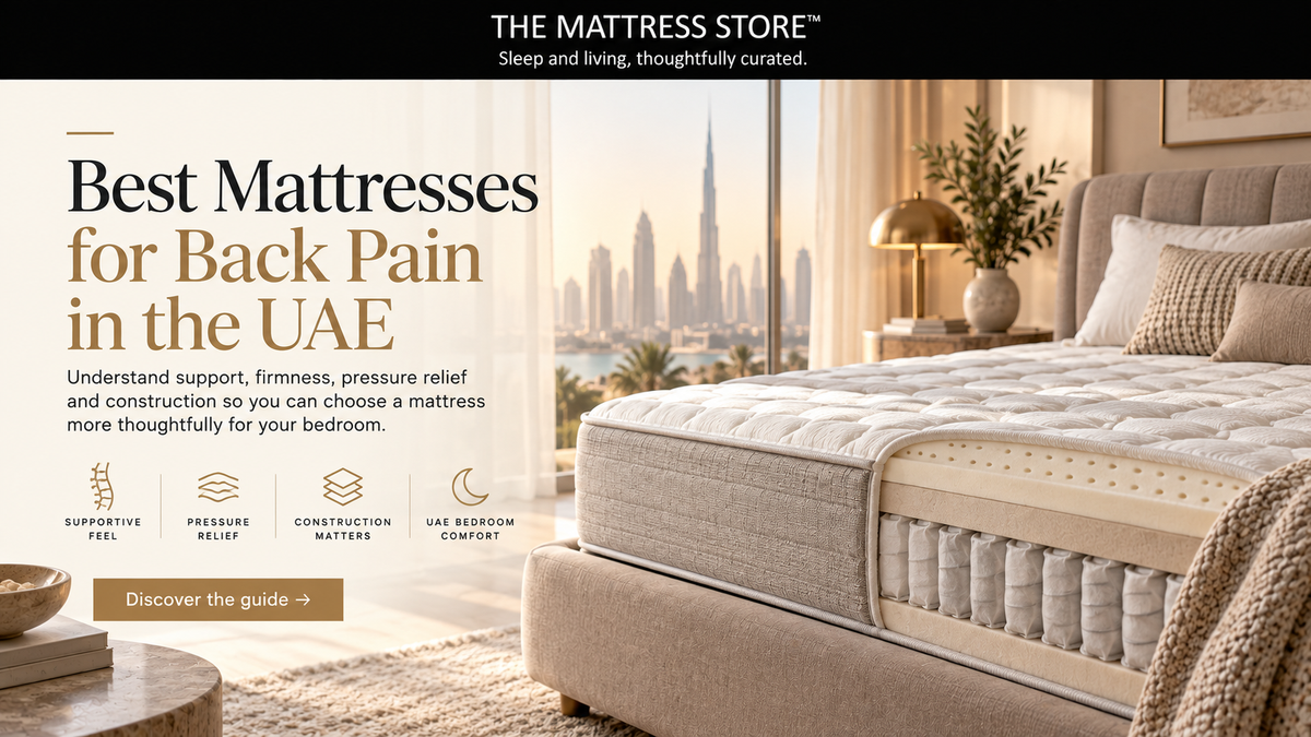 Mattress on a bed frame in a bright bedroom, from The Mattress Store guide to mattresses for back pain in the UAE