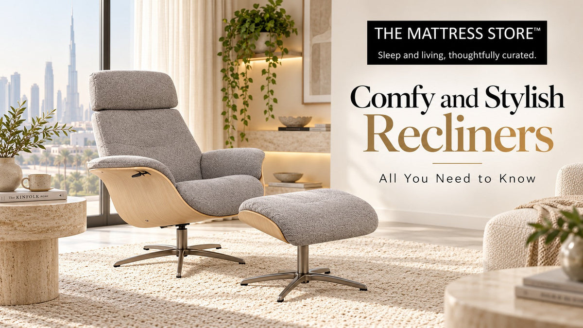 Comfy and stylish recliners banner showing a grey fabric swivel recliner with matching footstool in a Dubai living room, from Recliners: How to Choose One That Fits Your Room