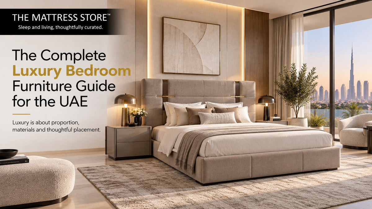 Luxury bedroom in a Dubai villa with an upholstered bed, bedside tables and layered lighting