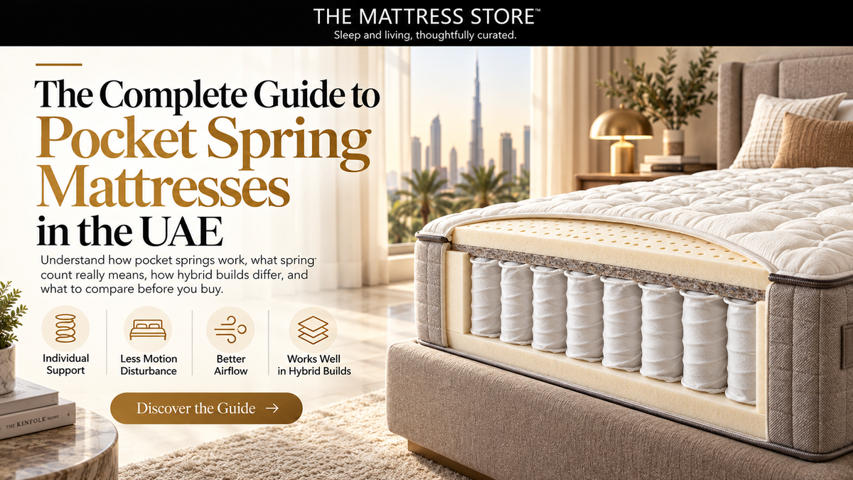 Cutaway of a pocket spring mattress showing individually cased coils beneath a comfort layer