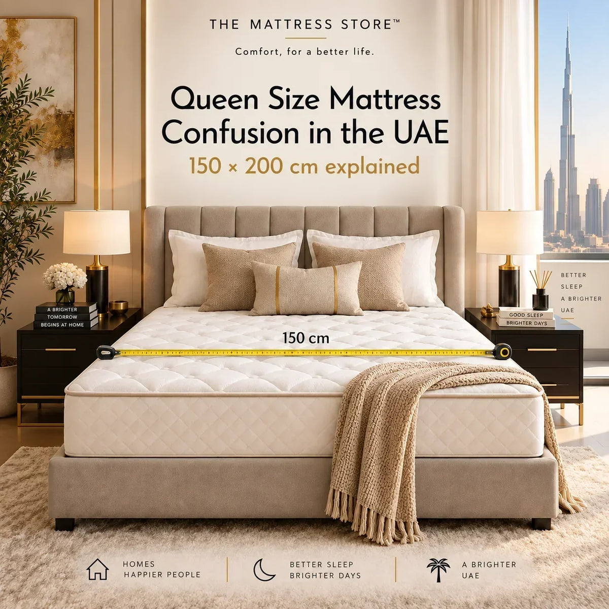 Queen size 150x200 cm mattress in a UAE bedroom with a tape measure across the width