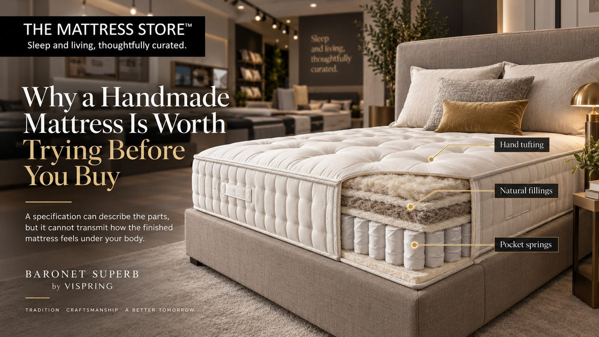 Hand-built mattress cut through to show natural filling layers and tufting