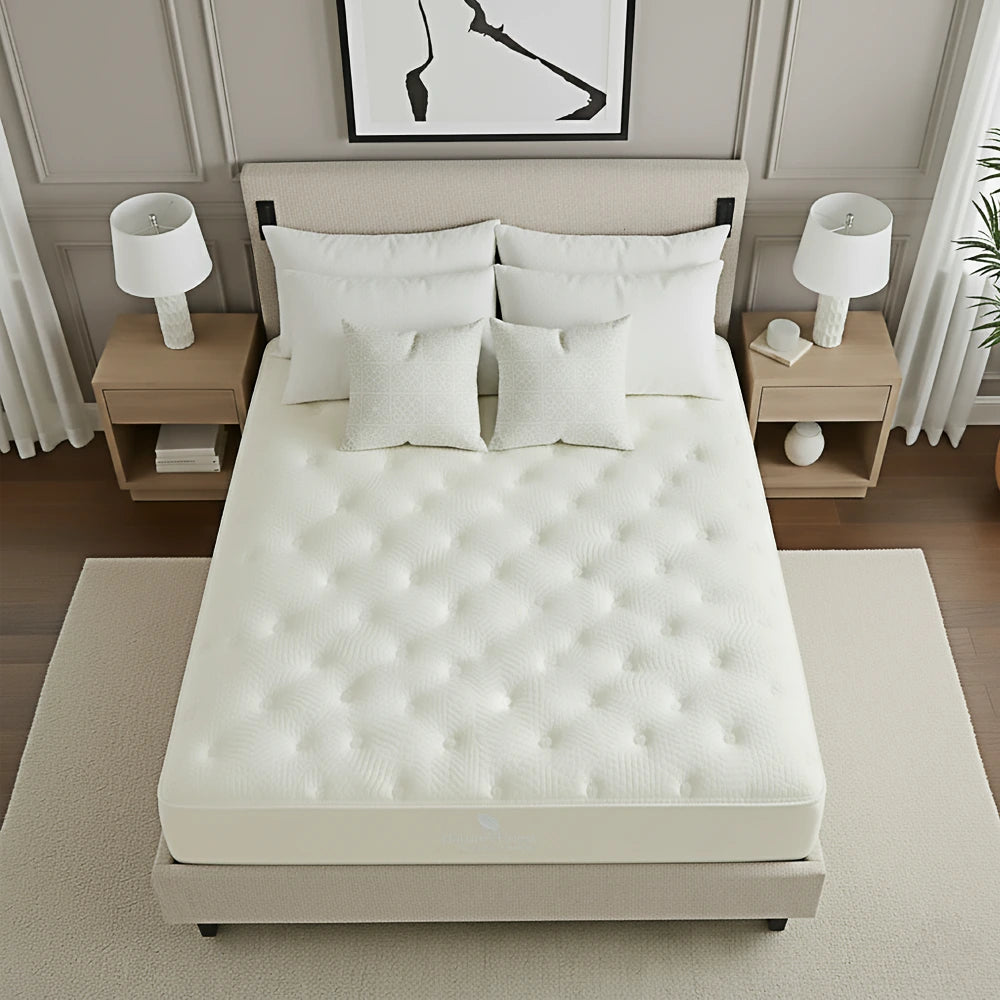 White mattress on a bed in a bedroom setting with nightstands and decor.