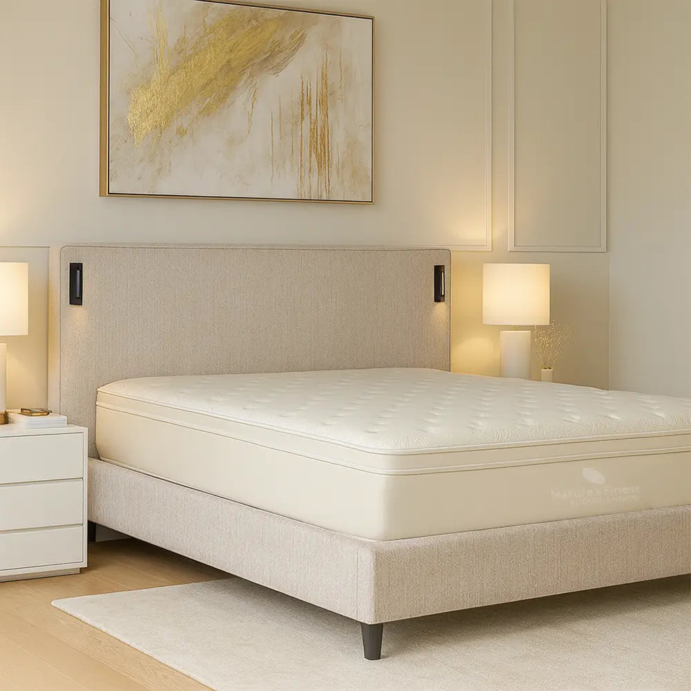 Beige bed with white mattress in a bedroom setting