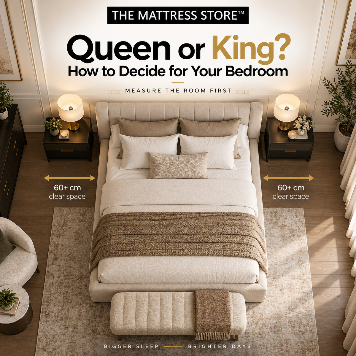 Overhead view of a bedroom showing clear walking space on both sides of a large mattress