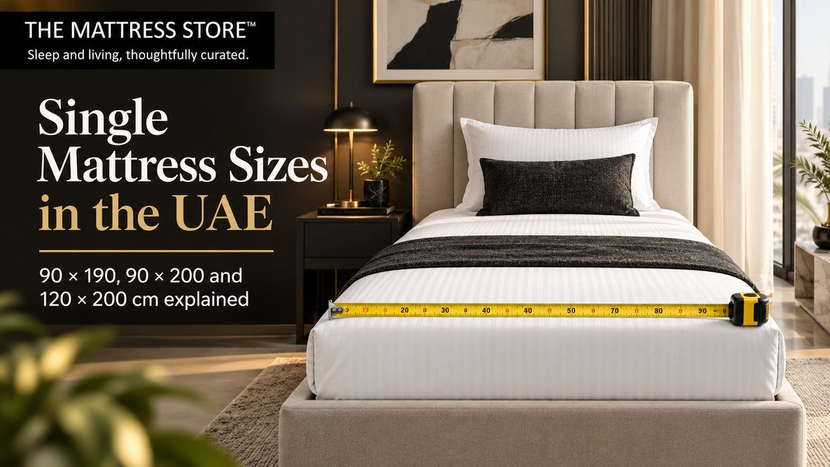 Single mattress in a UAE bedroom with a tape measure showing the width in centimetres