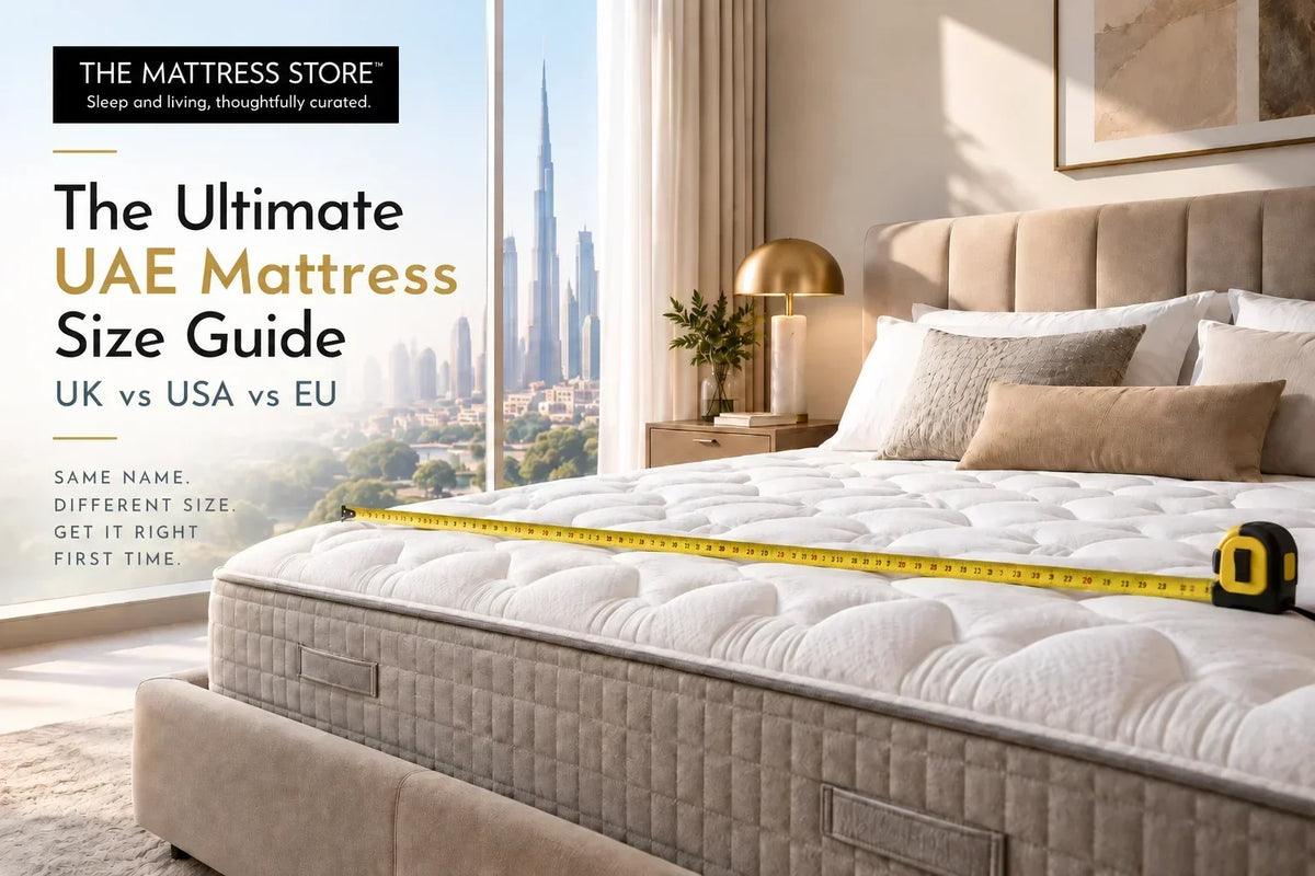 Tape measure laid across a mattress in a UAE bedroom showing the width in centimetres