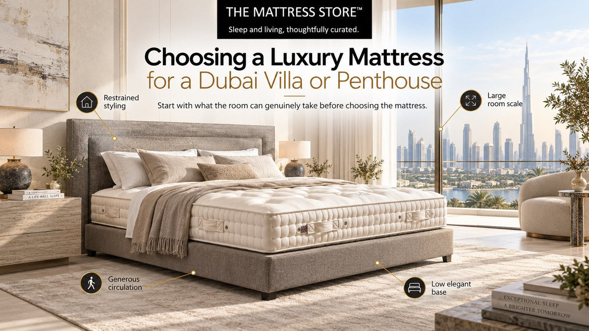 Large handcrafted mattress on a low base in a bright villa bedroom