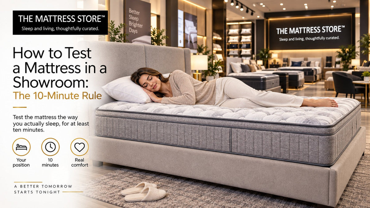 Person lying on their side on a showroom mattress with a pillow under their head