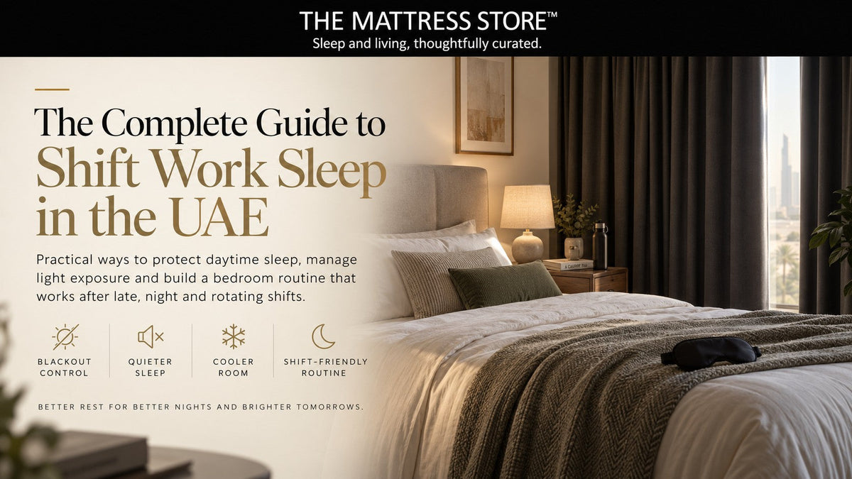 Bedroom set up for daytime sleep with blackout curtains drawn and a sleep mask on the bed, from The Complete Guide to Shift Work Sleep in the UAE.