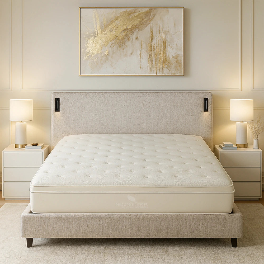 White mattress on a bed in a bedroom with nightstands and lamps.
