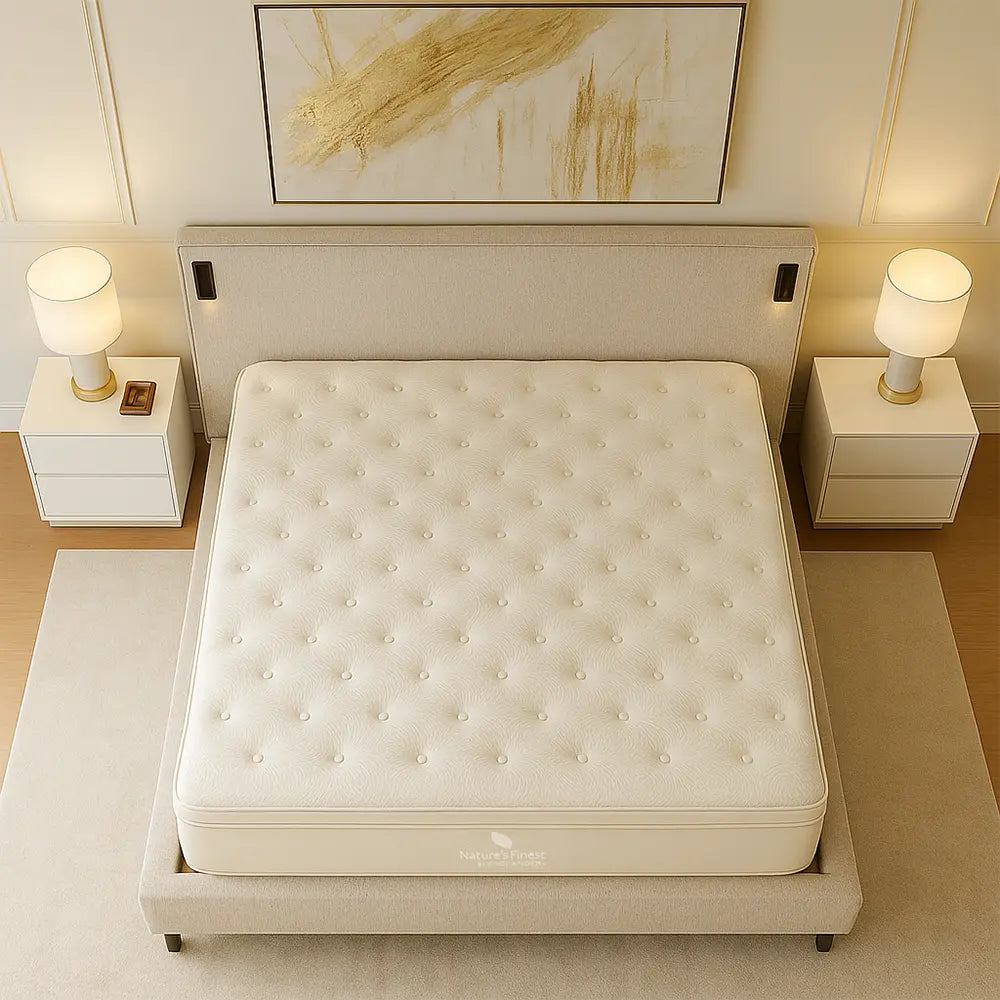 Beige mattress in a bedroom setting with nightstands and lamps.