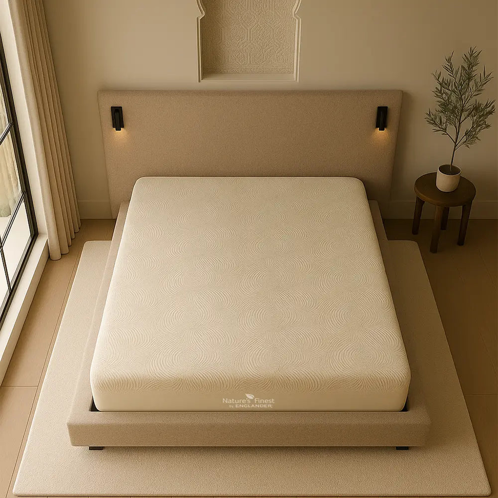 Beige mattress on a bed frame in a bedroom setting with a plant and wall lights.