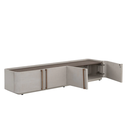Jamille Media Console and Cabinet by Sunpan, open drawer 