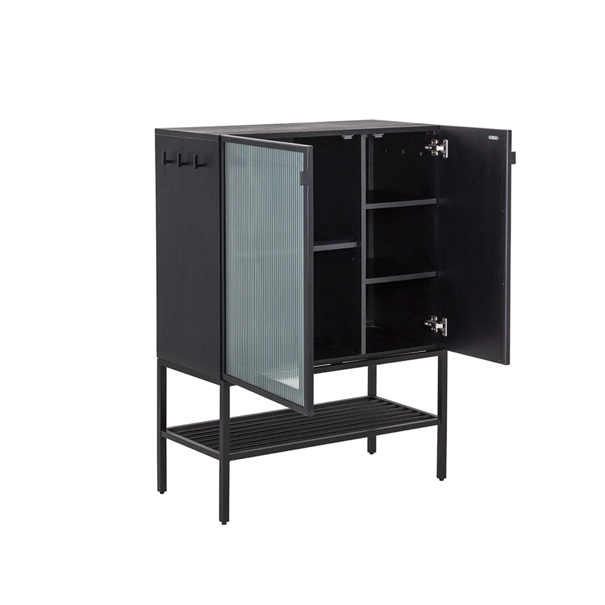 renzo entryway cabinet small by sunpan black with open doors 