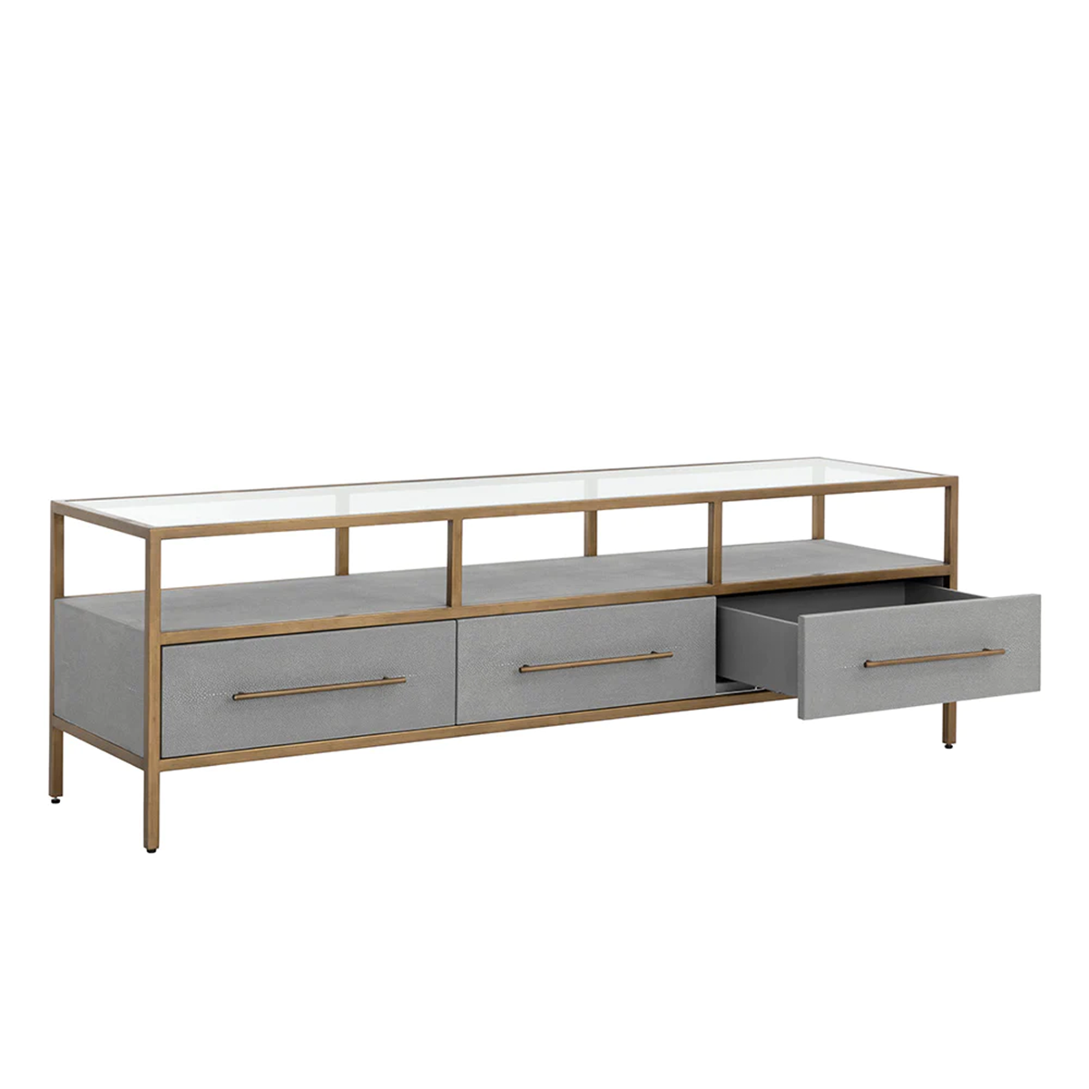 Venice Media Console and Cabinet by Sunpan with open drawer